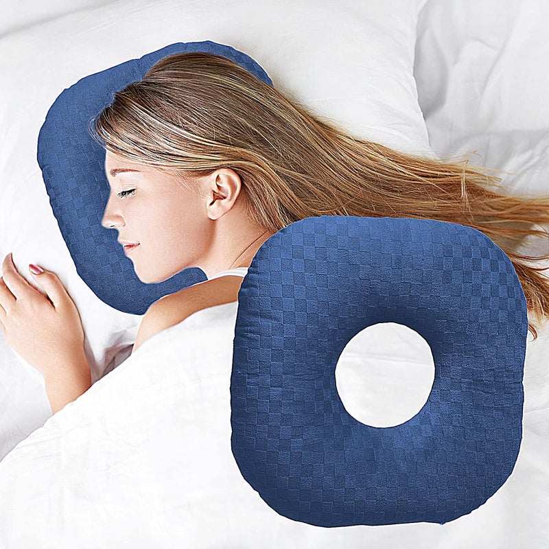 Wuronsa Ear Piercing Pillow for Side Sleepers, Pillow with an Ear Hole for CNH and Ear Pain Ear Inflammation Pressure Sores, O-Shaped Side Sleeping Pillow, Ear Guard Pillow(Dark Blue) - Image 1